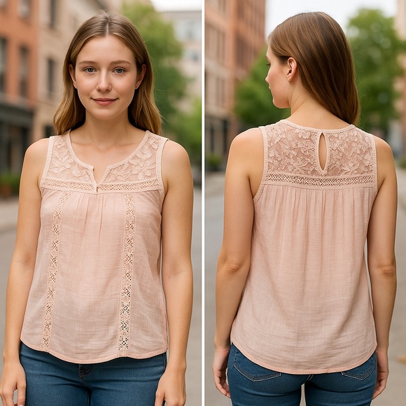 MINE Blush Pink Lace Trim Sleeveless Top Boho Feminine Lightweight Blouse Size M - Picture 1 of 12
